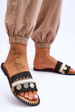 Clearance Boto Damskie Plecione Zdobione Klapki Czarne Millano