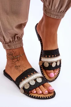 Clearance Boto Damskie Plecione Zdobione Klapki Czarne Millano