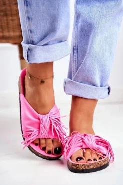 New Boto Damskie Różowe Fluo Klapki Na Korku Frędzle Marina