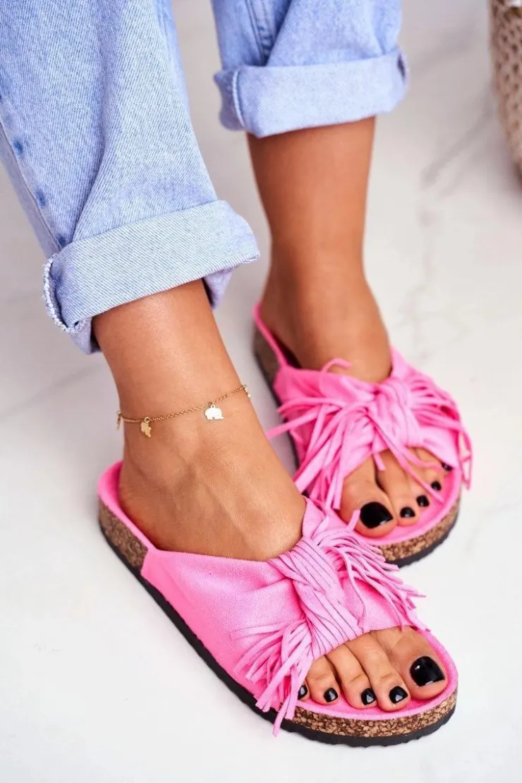 New Boto Damskie Różowe Fluo Klapki Na Korku Frędzle Marina