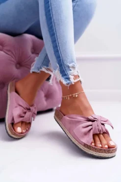 Outlet Boto Damskie Różowe Klapki Na Korku Kwiaty Kokarda Misto