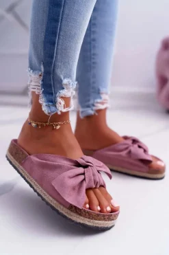 Outlet Boto Damskie Różowe Klapki Na Korku Kwiaty Kokarda Misto