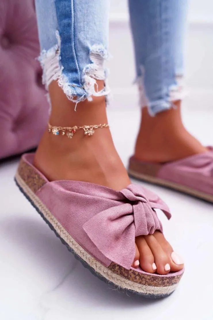 Outlet Boto Damskie Różowe Klapki Na Korku Kwiaty Kokarda Misto