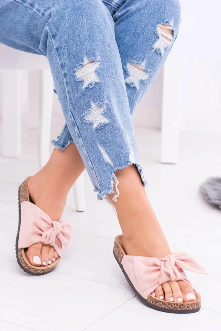 Sale Boto Damskie Różowe Klapki Na Korku Kokardki Dominica