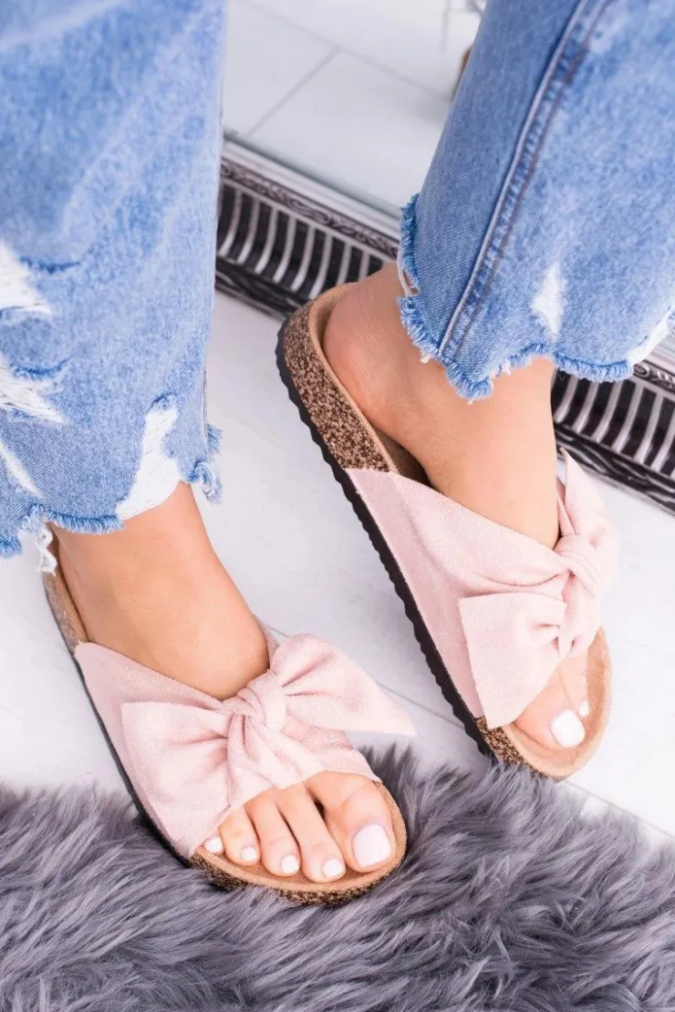 Sale Boto Damskie Różowe Klapki Na Korku Kokardki Dominica