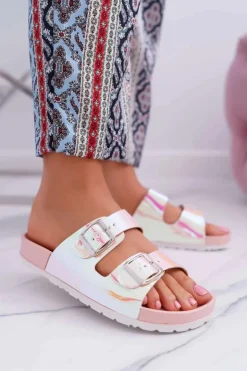 Boto Klapki Damskie Klasyczne*Damskie Różowe Profilowane Klapki Opalizujące Astramos