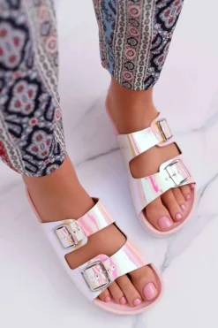 Boto Klapki Damskie Klasyczne*Damskie Różowe Profilowane Klapki Opalizujące Astramos