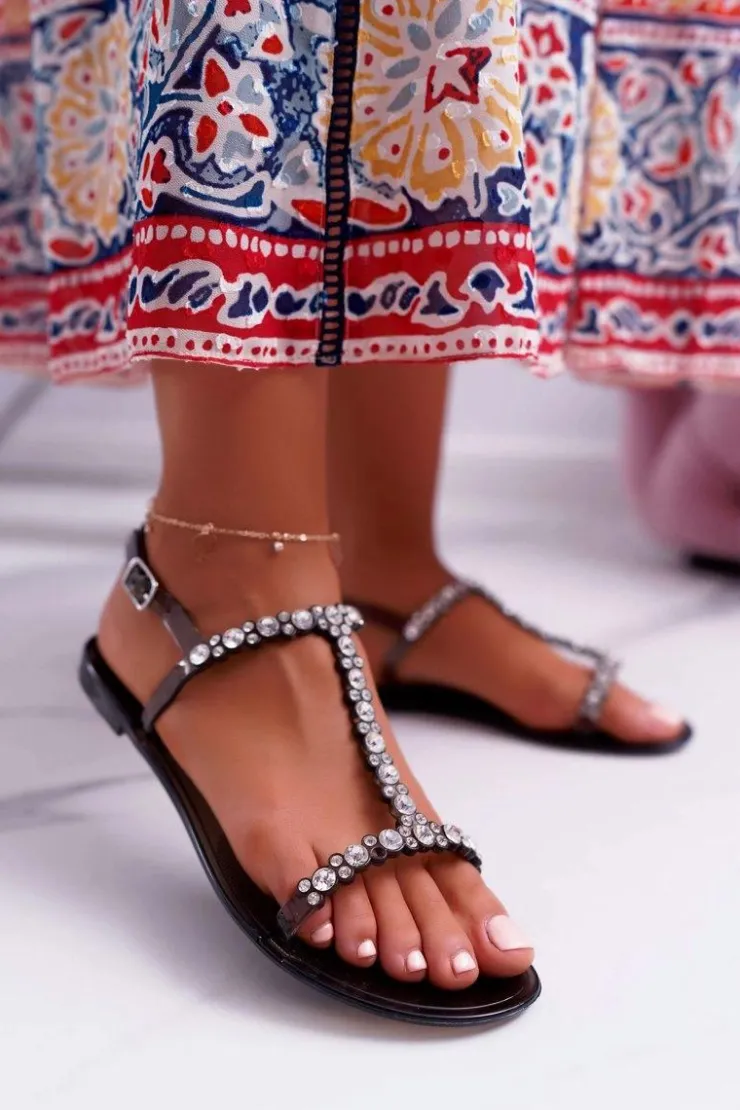 Boto Damskie Sandałki Czarne Kryształki Cadama