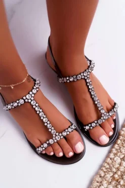 Boto Damskie Sandałki Czarne Kryształki Cadama