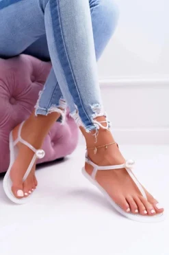 Boto Sandały Gumowe|Sandały Płaskie*Damskie Sandałki Japonki Meliski z Perłą Białe Contiro