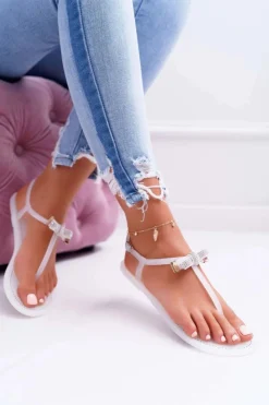 Damskie Boto Damskie Sandałki Japonki Meliski z Cekinami Białe Lomba