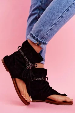 Boto Sandały Płaskie*Damskie Sandałki Japonki Z Cholewką Czarne SL1011 Madrit