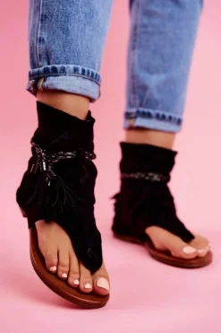 Boto Sandały Płaskie*Damskie Sandałki Japonki Z Cholewką Czarne SL1011 Madrit