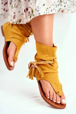 Damskie Boto Damskie Sandałki Japonki Z Cholewką Żółte SL1011 Madrit