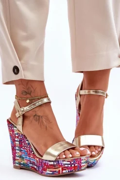 Hot Boto Damskie Sandałki Na Kolorowym Koturnie Złote Malibu