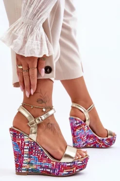 Hot Boto Damskie Sandałki Na Kolorowym Koturnie Złote Malibu