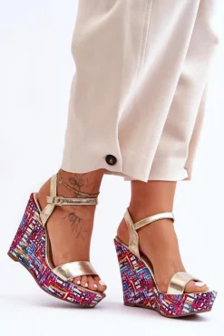 Hot Boto Damskie Sandałki Na Kolorowym Koturnie Złote Malibu