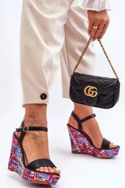 Damskie Boto Damskie Sandałki Na Kolorowym Koturnie Czarne Malibu