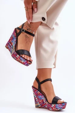 Damskie Boto Damskie Sandałki Na Kolorowym Koturnie Czarne Malibu