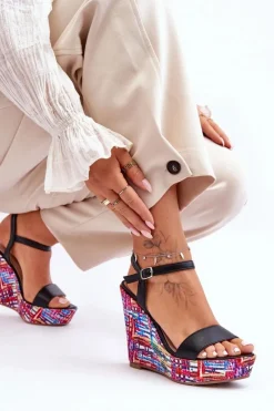 Damskie Boto Damskie Sandałki Na Kolorowym Koturnie Czarne Malibu