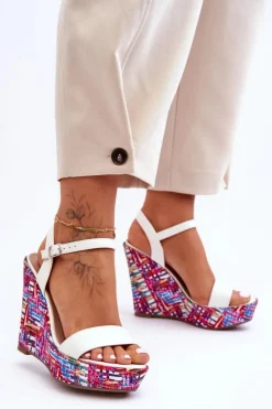 Damskie Boto Damskie Sandałki Na Kolorowym Koturnie Białe Malibu