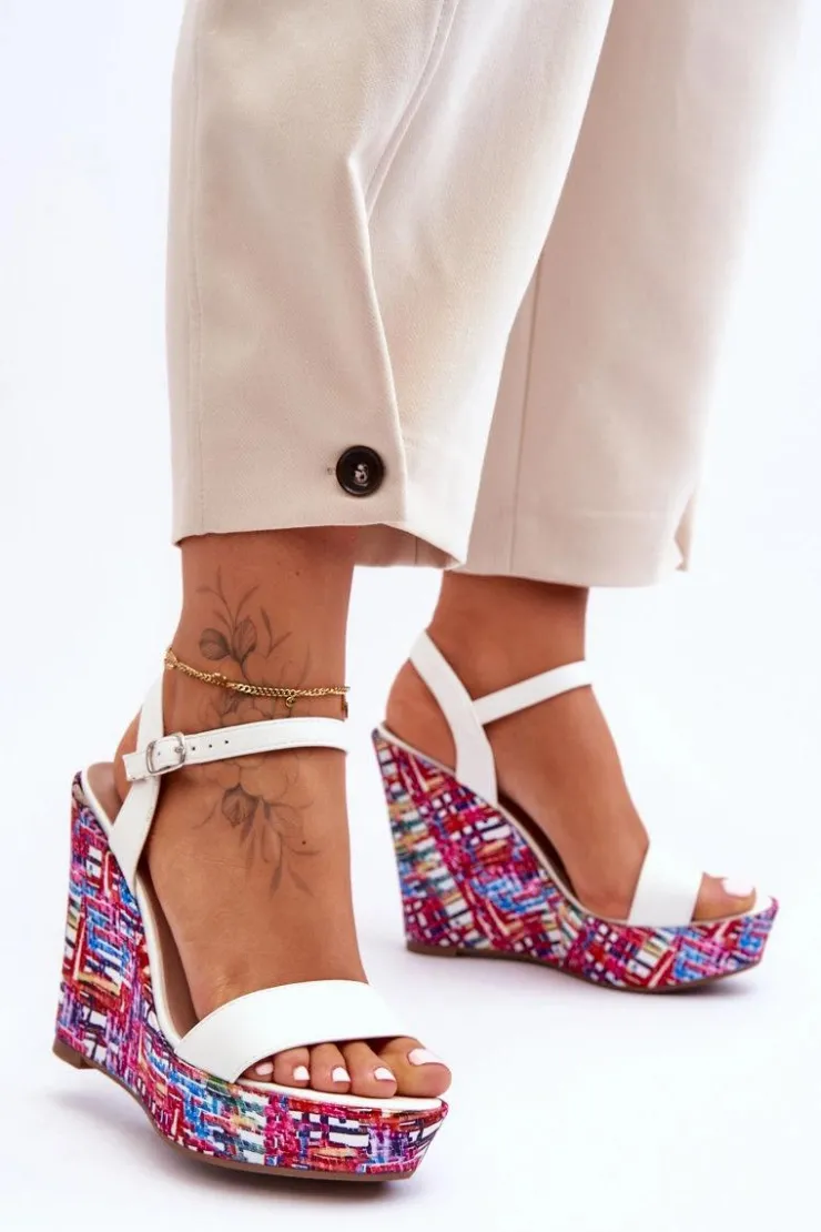 Damskie Boto Damskie Sandałki Na Kolorowym Koturnie Białe Malibu