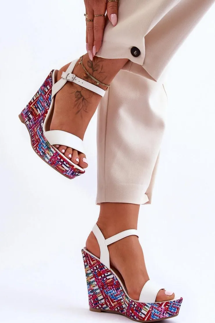 Damskie Boto Damskie Sandałki Na Kolorowym Koturnie Białe Malibu