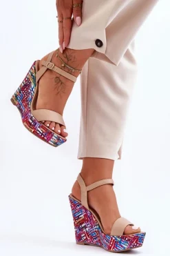 Boto Sandały Na Koturnie*Damskie Sandałki Na Kolorowym Koturnie Beżowe Malibu
