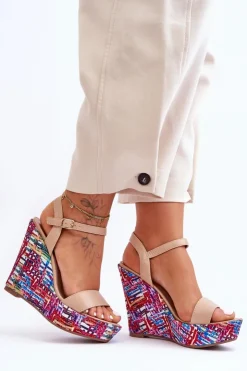 Boto Sandały Na Koturnie*Damskie Sandałki Na Kolorowym Koturnie Beżowe Malibu