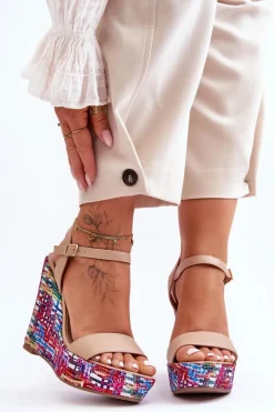 Boto Sandały Na Koturnie*Damskie Sandałki Na Kolorowym Koturnie Beżowe Malibu