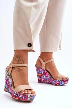 Boto Sandały Na Koturnie*Damskie Sandałki Na Kolorowym Koturnie Beżowe Malibu