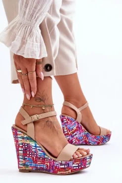 Boto Sandały Na Koturnie*Damskie Sandałki Na Kolorowym Koturnie Beżowe Malibu