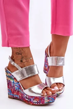 Hot Boto Damskie Sandałki Na Koturnie Srebrne Calderia Srebrny