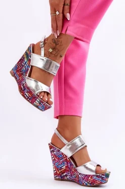 Hot Boto Damskie Sandałki Na Koturnie Srebrne Calderia Srebrny