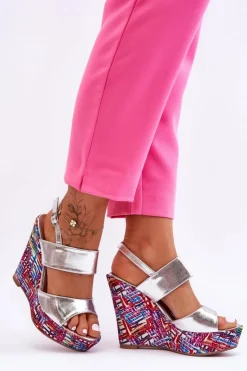 Hot Boto Damskie Sandałki Na Koturnie Srebrne Calderia Srebrny