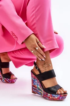 Boto Sandały Na Koturnie*Damskie Sandałki Na Koturnie Czarne Calderia