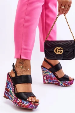 Boto Sandały Na Koturnie*Damskie Sandałki Na Koturnie Czarne Calderia