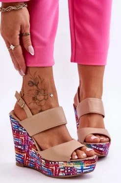 Damskie Boto Damskie Sandałki Na Koturnie Beżowe Calderia