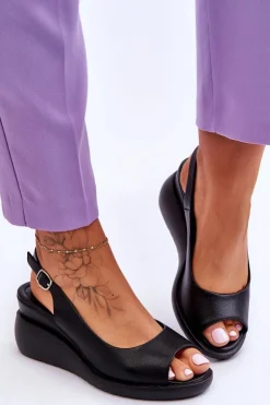 Damskie Buty Sergio Leone Damskie Sandałki Na Koturnie Sergio Leone SK853 Czarne