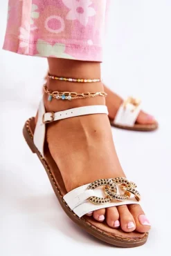 Damskie buty S.Barski Sandały Płaskie*Damskie Sandałki Na Płaskim Obcasie Z Łańcuchem Białe Minevra