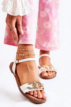 Damskie buty S.Barski Sandały Płaskie*Damskie Sandałki Na Płaskim Obcasie Z Łańcuchem Białe Minevra