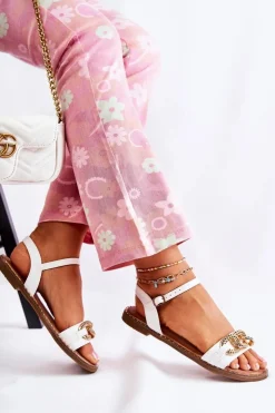 Damskie buty S.Barski Sandały Płaskie*Damskie Sandałki Na Płaskim Obcasie Z Łańcuchem Białe Minevra