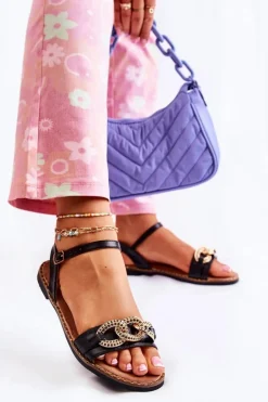 Damskie Damskie buty S.Barski Damskie Sandałki Na Płaskim Obcasie Z Łańcuchem Czarne Minevra