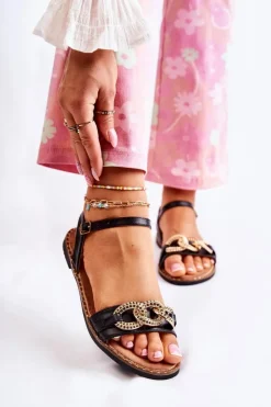 Damskie Damskie buty S.Barski Damskie Sandałki Na Płaskim Obcasie Z Łańcuchem Czarne Minevra