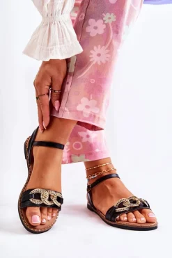 Damskie Damskie buty S.Barski Damskie Sandałki Na Płaskim Obcasie Z Łańcuchem Czarne Minevra