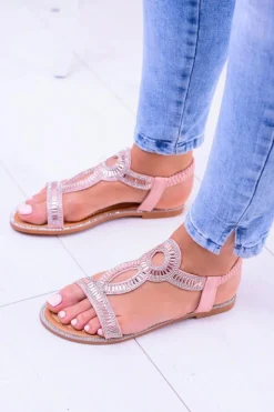 Clearance Boto Damskie Sandałki z Cyrkoniami Rent Pudrowy Róż