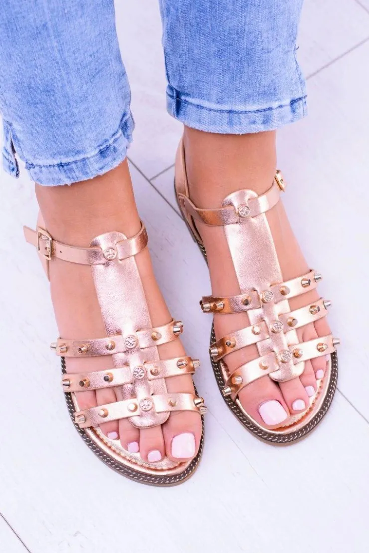 Boto Sandały Płaskie*Damskie Sandałki z Ćwiekami Aglet Różowe Złoto