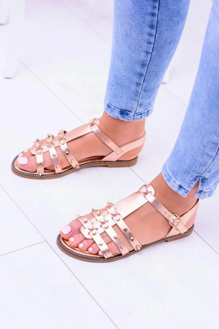 Boto Sandały Płaskie*Damskie Sandałki z Ćwiekami Aglet Różowe Złoto