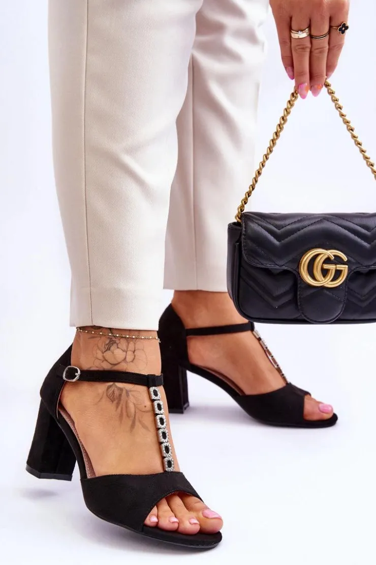 Damskie buty S.Barski Sandały Na Obcasie*Damskie Sandałki Zamszowe Na Słupku Czarne Florines