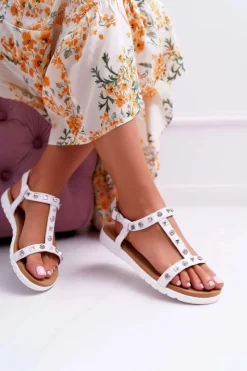 Sale Boto Damskie Sandały Białe Lu Boo z Ćwiekami Mariachi